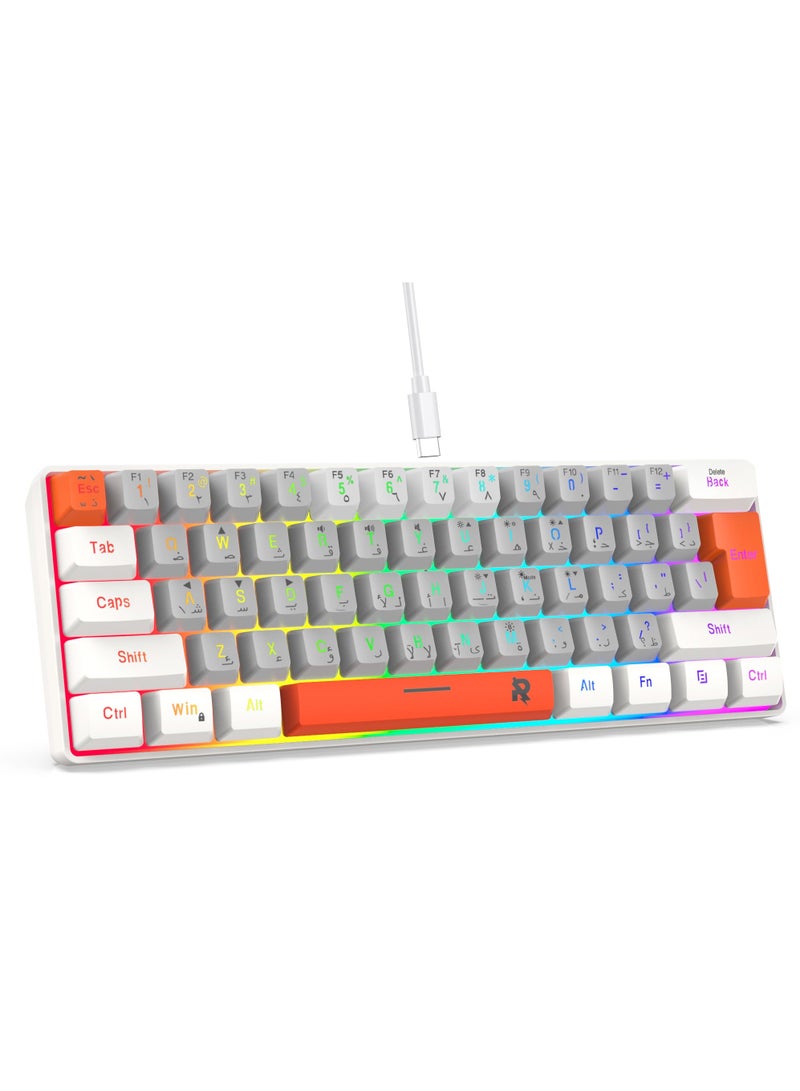 ROCK POW 60% Wired Gaming Keyboard,Arabic English 61Key RGB Backlit Membrane Gaming Keyboard, Ultra-Compact Mini Waterproof Keyboard for PC Computer Gamer White Grey Orange - Image 4